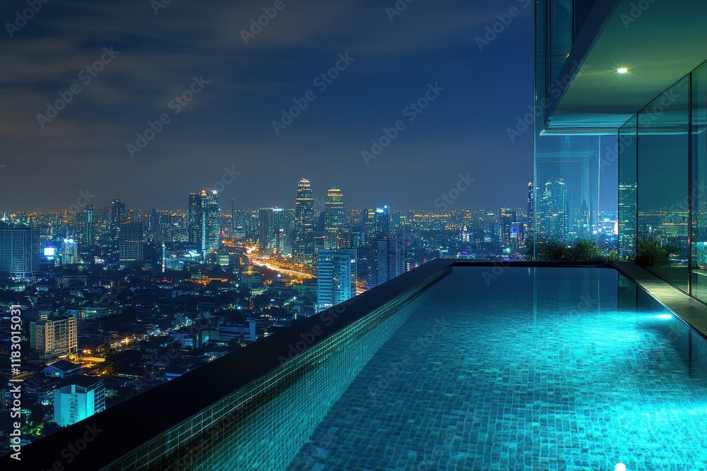 Obraz premium Luxurious rooftop swimming pool with glass walls overlooking the city skyline at night urban environment aesthetic photography modern design concept