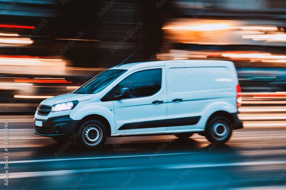 Fast-Moving White Delivery Van in Urban Setting with Motion Blur Capturing the Essence of Delivery Services and Modern Transportation Dynamics Fast-Moving White Delivery Van in Urban Setting with Motion Blur Capturing the Essence of Delivery Services and Modern Transportation Dynamics