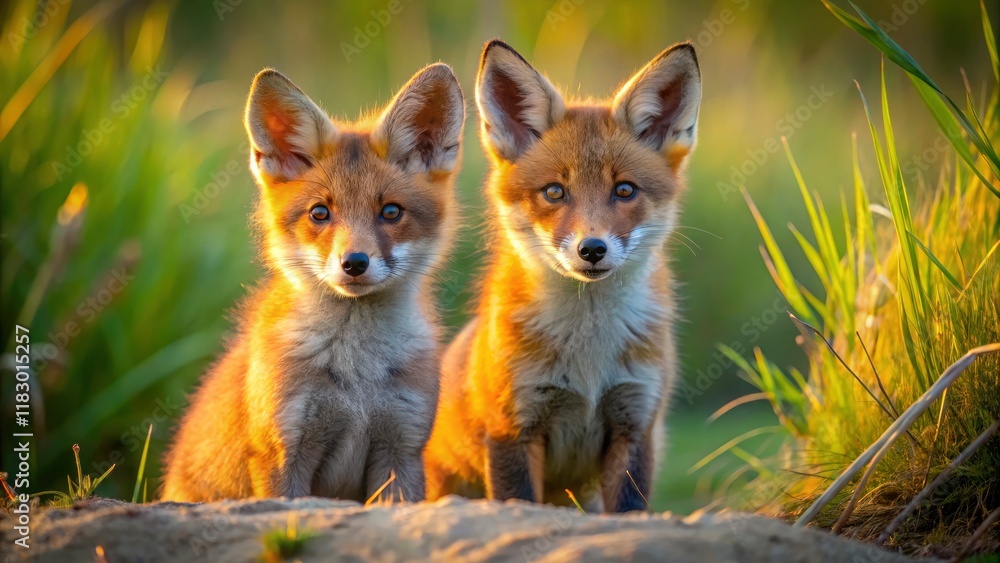 Fototapeta premium Amsterdam dunes: captivating wildlife photography of playful fox cubs.