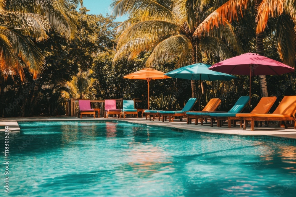 Vibrant tropical swimming pool with palm trees and colorful loungers exotic oasis outdoor paradise relaxation retreat sunlit ambiance for ultimate leisure Vibrant tropical swimming pool with palm trees and colorful loungers exotic oasis outdoor paradise relaxation retreat sunlit ambiance for ultimate leisure