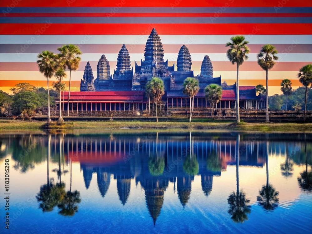 Naklejka premium Angkor Wat's iconic barcode texture, framed by Cambodia's breathtaking landscape and red, blue, and white flag hues, defines this stunning photograph.
