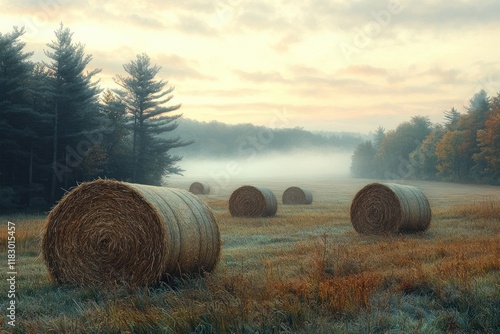 Foggy Autumn Meadow with Round Hay Bales in Rural Landscape photo