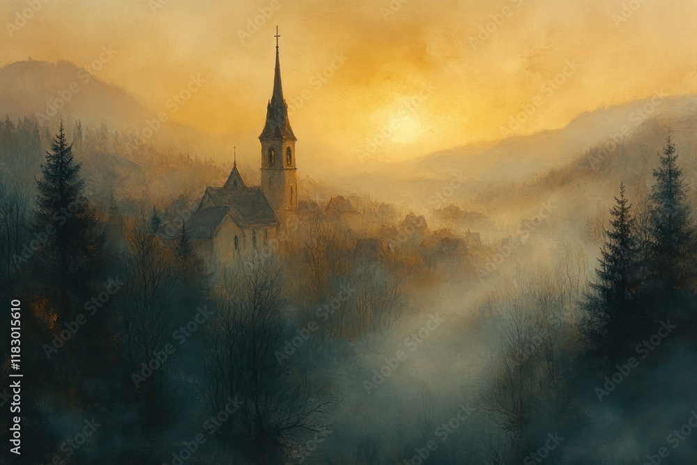 Fototapeta premium Autumn Morning Mist in Serene Rural Landscape with Church Steeple and Foggy Valley at Dawn