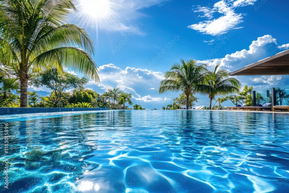 Luxurious swimming pool with crystal clear water tropical paradise location aesthetic photography serene environment scenic viewpoint relaxation concept Luxurious swimming pool with crystal clear water tropical paradise location aesthetic photography serene environment scenic viewpoint relaxation concept
