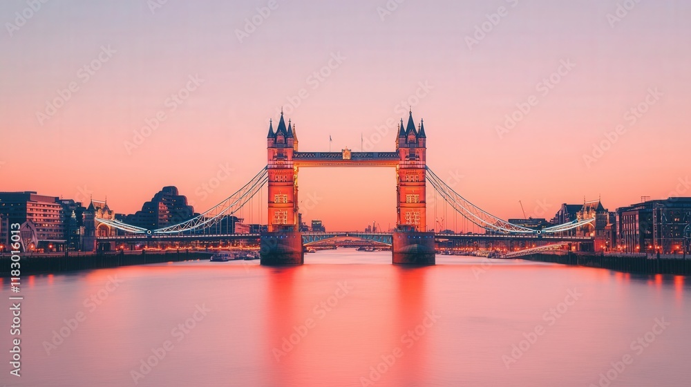 Obraz premium Monument cultural and iconic, A stunning view of Tower Bridge in London at sunset, reflecting beautifully in the water below.
