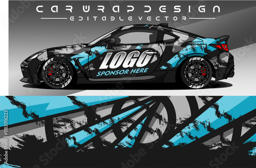 Illustration vector grahic of Car wrap decal with abstract design. Black blue colour. Livery car editable. Mockup template sticker vinyl for racing, rally, or daily use.