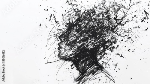 Abstract style picture of exploding particle scatter around express emotional state of human mind. Burst effect of dust represent psychological meaning convey sense of sadness and suffering. AIG53.