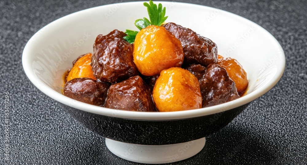 Delicious braised beef stew with sweet potatoes in a white bowl Delicious braised beef stew with sweet potatoes in a white bowl