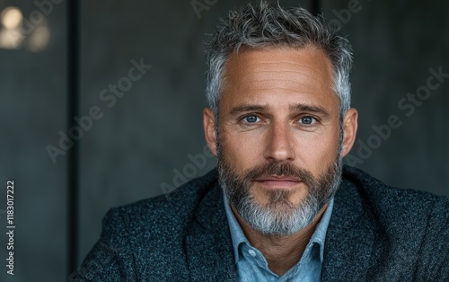 Portrait of a handsome mature man with gray hair and beard