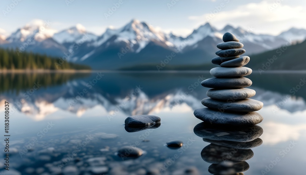 Fototapeta premium zen, stones, stacked, balanced, lake, still, water, reflection, snowcapped, mountains, range, serene, tranquil, harmony, nature, peaceful, meditative, scenic, outdoors, natural, calm, alignment