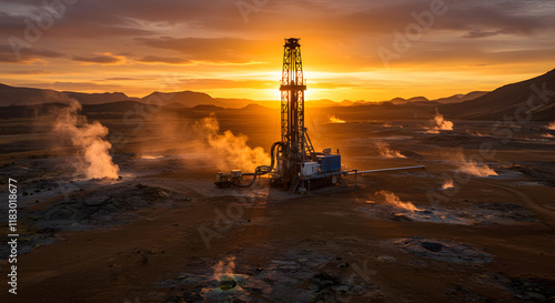 A Geothermal Drilling Rig In A Vast Volcanic Field photo