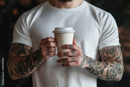 Stylish coffee drinker in the city, his tattoo prominent.