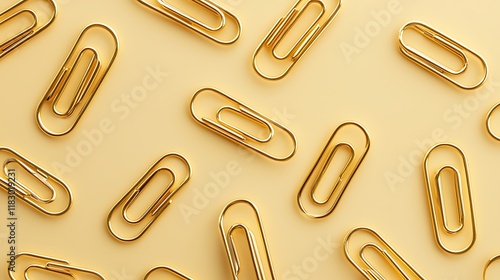 Gold paperclips scattered on yellow background, office supplies photo