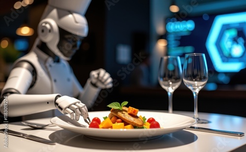 Wallpaper Mural A futuristic culinary scene featuring a robotic chef meticulously plating a gourmet dish with a fork. Torontodigital.ca