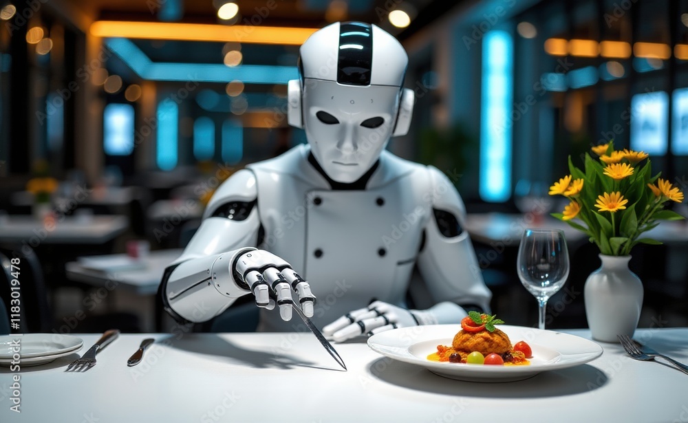 Fototapeta premium A futuristic culinary scene featuring a robotic chef meticulously plating a gourmet dish with a fork.