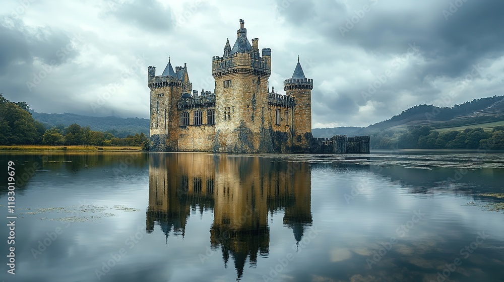 Majestic castle reflection in serene lake enchanted landscape photography atmospheric environment captivating view Majestic castle reflection in serene lake enchanted landscape photography atmospheric environment captivating view
