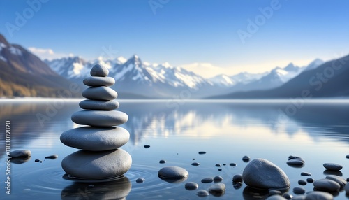 zen, stones, stacked, balanced, lake, still, water, reflection, snowcapped, mountains, range, serene, tranquil, harmony, nature, peaceful, meditative, scenic, outdoors, natural, calm, alignment photo