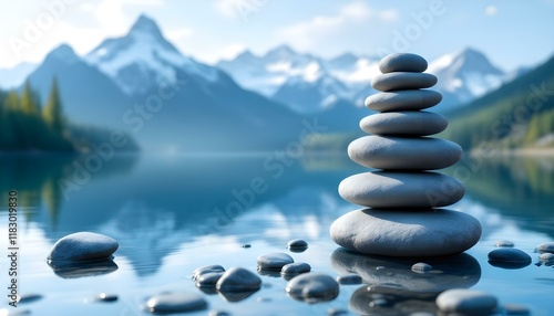 zen, stones, stacked, balanced, lake, still, water, reflection, snowcapped, mountains, range, serene, tranquil, harmony, nature, peaceful, meditative, scenic, outdoors, natural, calm, alignment photo