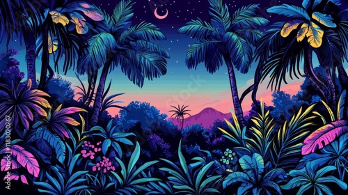 Vibrant Tropical Jungle at Night with Starry Sky and Colorful Foliage Under a Soft Moonlight Glow