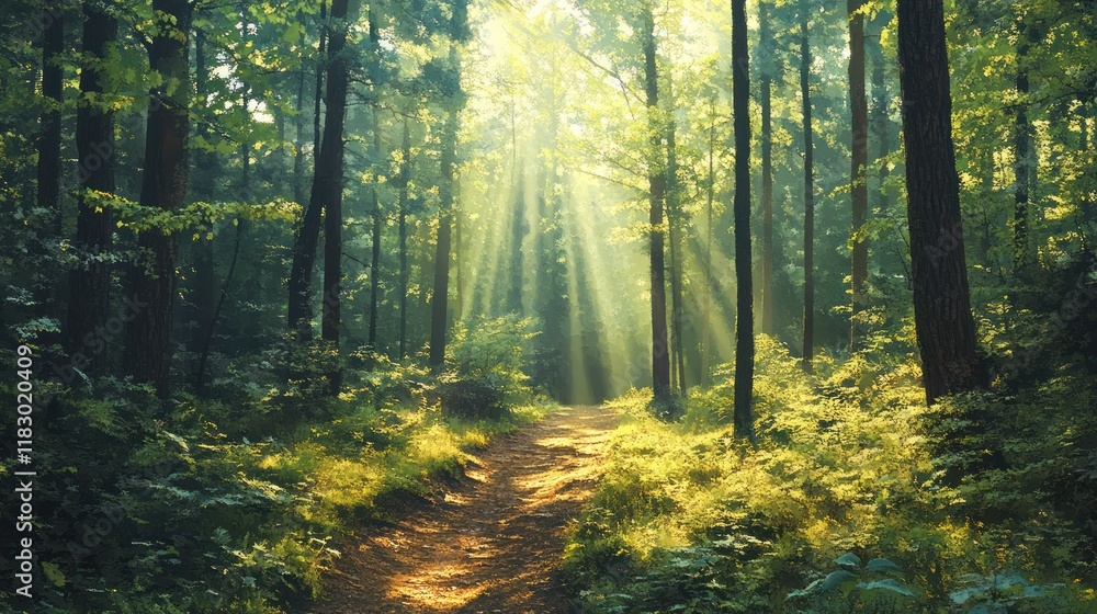 Fototapeta premium Sunbeams illuminate a forest path. (1)