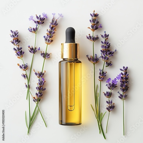 Lavender oil dropper with fresh lavender sprigs minimalist arrangement natural beauty studio setting aesthetic concept photo