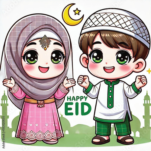 Muslim cartoon little girl and boy saying happy eid