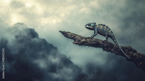 A chameleon perched on a branch amidst misty mountains. photo