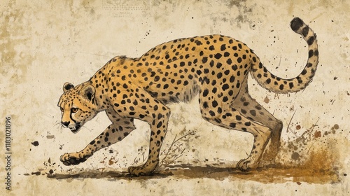 A cheetah in motion, detailed illustration, textured background, sepia tones. photo