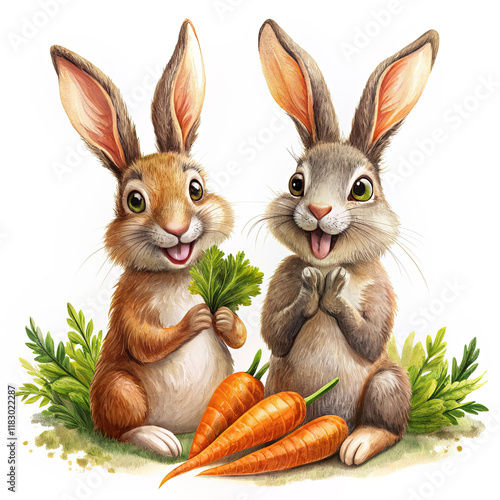 Orange hare with carrot on white background.