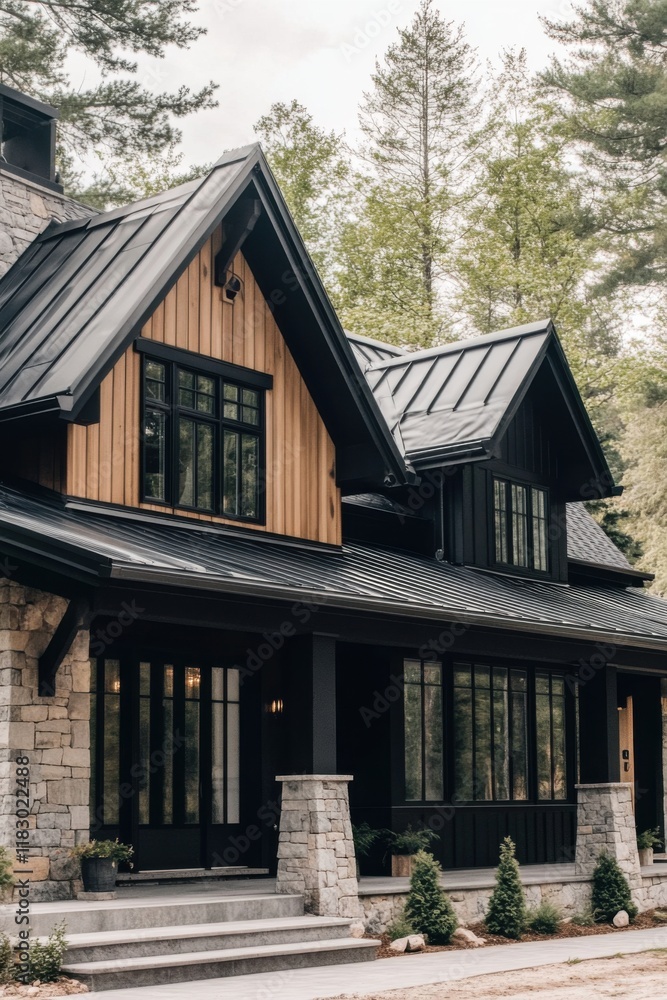 Modern mountain home showcases sleek design and harmonious integration with nature in a serene wooded setting during daytime