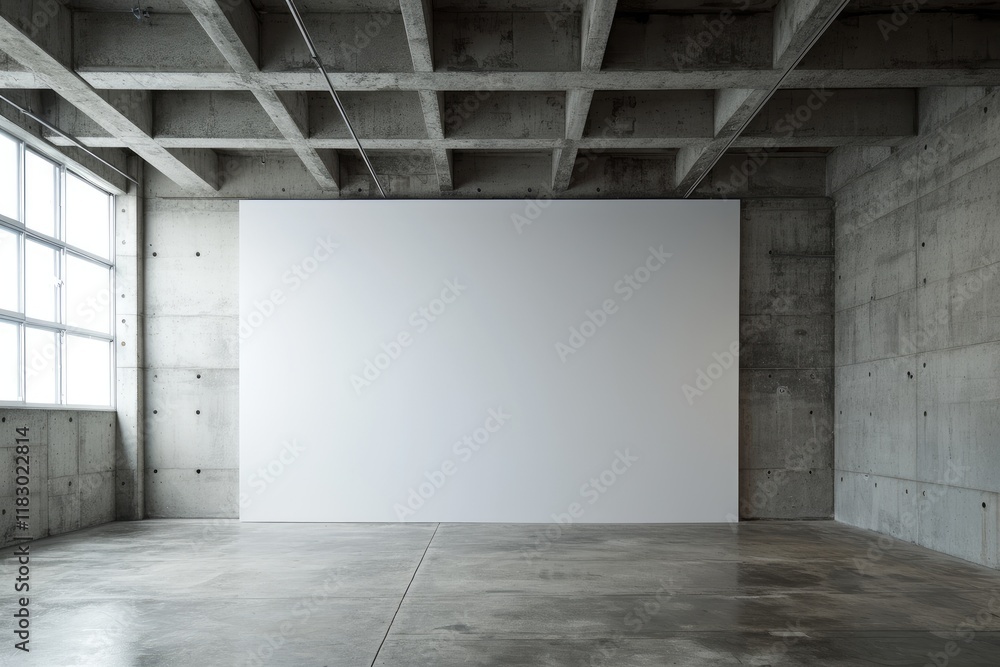 A large white wall in an empty concrete room, perfect for displaying artwork or ads. Features high ceilings, beams, and natural light from a window, ideal for creative projects A large white wall in an empty concrete room, perfect for displaying artwork or ads. Features high ceilings, beams, and natural light from a window, ideal for creative projects