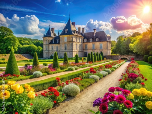 Villarceaux Estate, Chaussy, France - May 15, 2023: High-Resolution Photo of Historic French Chateau & Gardens photo