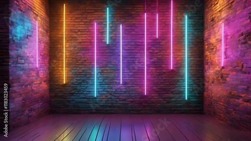 A cutting-edge design with luminous neon accents set against a backdrop of an old, gritty brick wall. 3D rendering