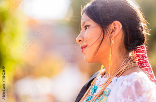 Indigenous woman wearing traditional clothes celebrating hispanic heritage. Dia de la hispanidad