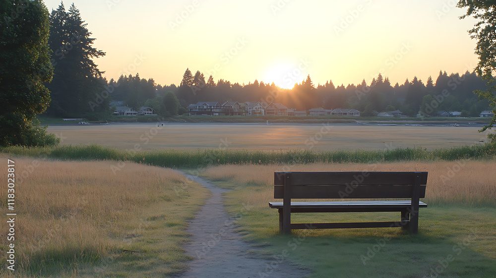 Obraz premium Bench on Path Overlooking Field at Sunset