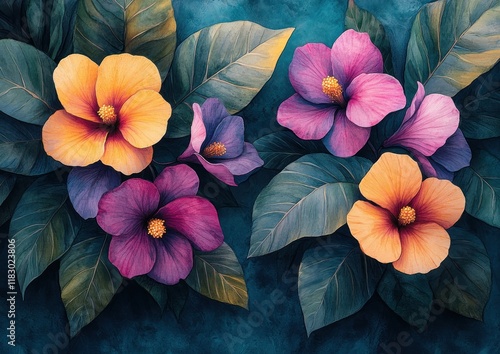 Wallpaper Mural Tropical Watercolor Floral Pattern with Palm Leaves Colorful Flowers Lush Green Jungle Paradise Landscape Torontodigital.ca