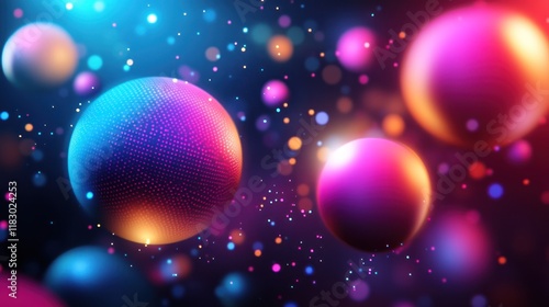 Wallpaper Mural Abstract Cosmic Spheres: A vibrant digital artwork showcasing luminous spheres in a cosmic setting.  The image evokes a sense of wonder and imagination, with glowing particles adding depth. Torontodigital.ca