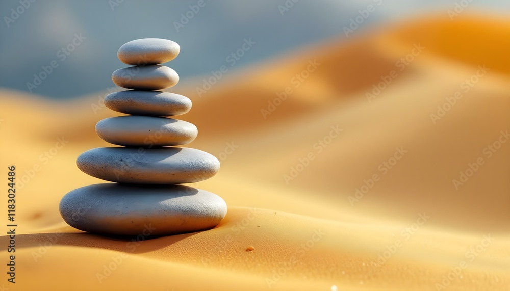 Obraz premium zen, stones, stacked, tower, sand, dunes, golden, balance, serene, tranquil, harmony, nature, peaceful, meditative, scenic, outdoors, natural, calm, alignment, symmetry, mindfulness, picturesque,