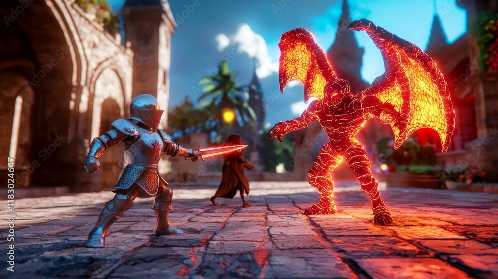 Fototapeta premium Epic Fantasy Battle Between Knight and Fiery Monster in Enchanted Castle Setting