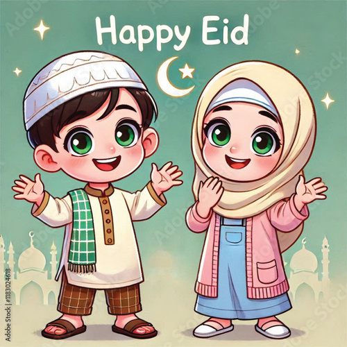 Muslim cartoon little girl and boy saying happy eid