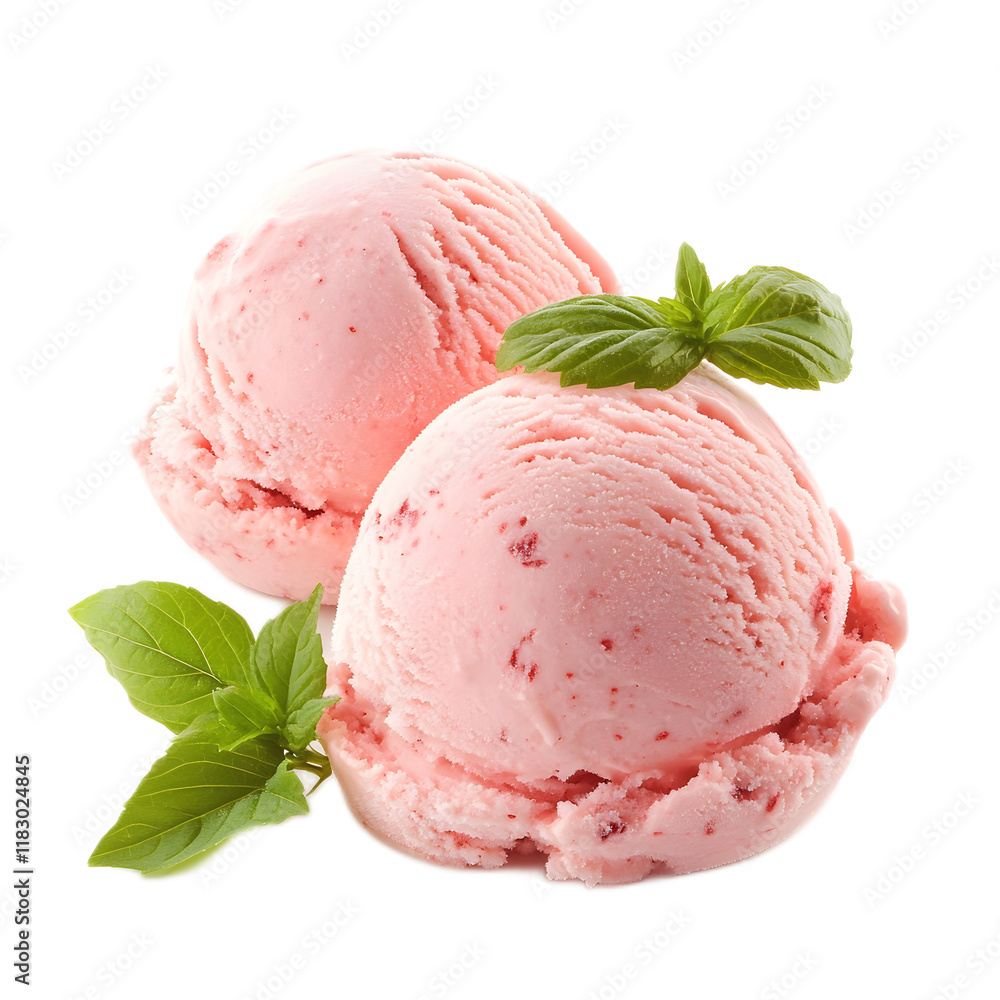 Delectable Pink Ice Cream Scoops with Fresh Mint Leaves on White Background Delectable Pink Ice Cream Scoops with Fresh Mint Leaves on White Background