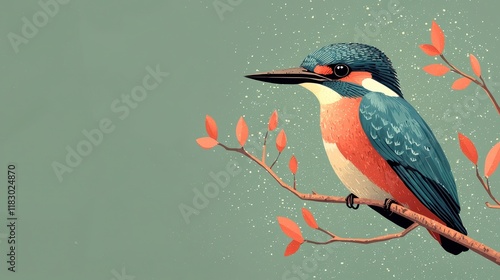 Colorful kingfisher perched on a branch with leaves. photo