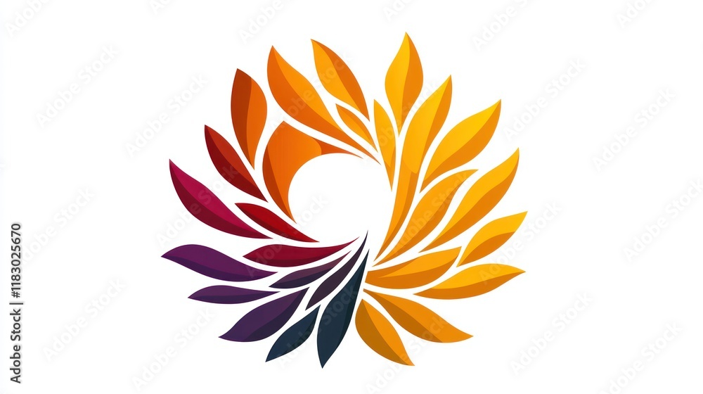 Obraz premium Abstract Colorful Floral Design: A vibrant circular arrangement of leaves in gradient hues, evoking a sense of warmth, growth, and harmony.