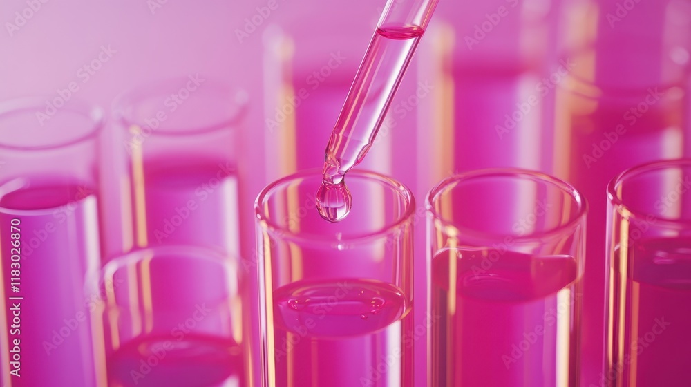 Pink liquid being added to test tubes in a lab. Illustrates scientific research or medical testing. Pink liquid being added to test tubes in a lab. Illustrates scientific research or medical testing.