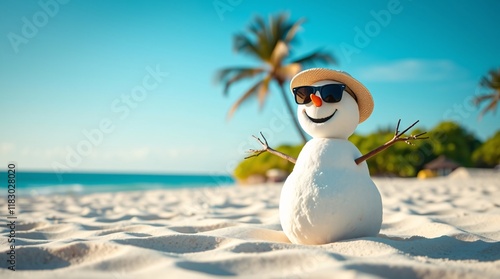 A playful snowman on a sunny beach accessorized with sunglasses, radiating summer vibes