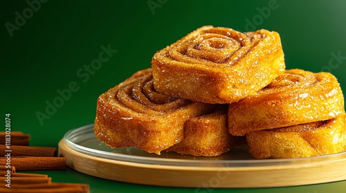 Delicious cinnamon rolls stacked neatly on a plate, vibrant green backdrop.