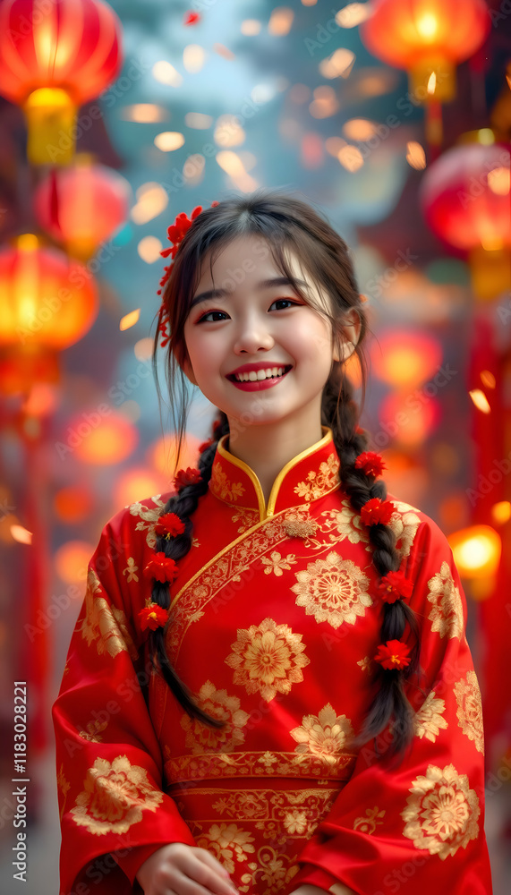 Smiling Girl in Red Traditional Chinese Dress during Lantern Festival Smiling Girl in Red Traditional Chinese Dress during Lantern Festival
