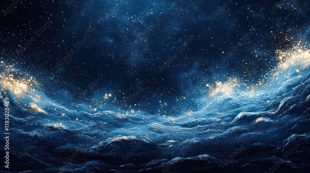 Obraz premium Dark blue cosmic landscape with glowing waves and stars.