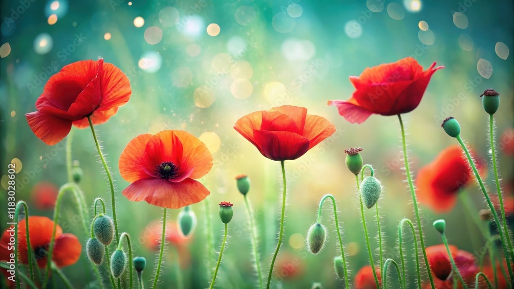 Fototapeta premium Vibrant Red Poppies in a Sunlit Meadow with a Dreamlike, Soft Focus Background