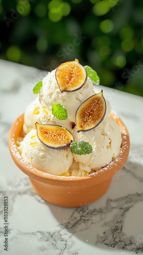 Delicious dessert with ice cream and figs in a clay bowl, green blurred background.